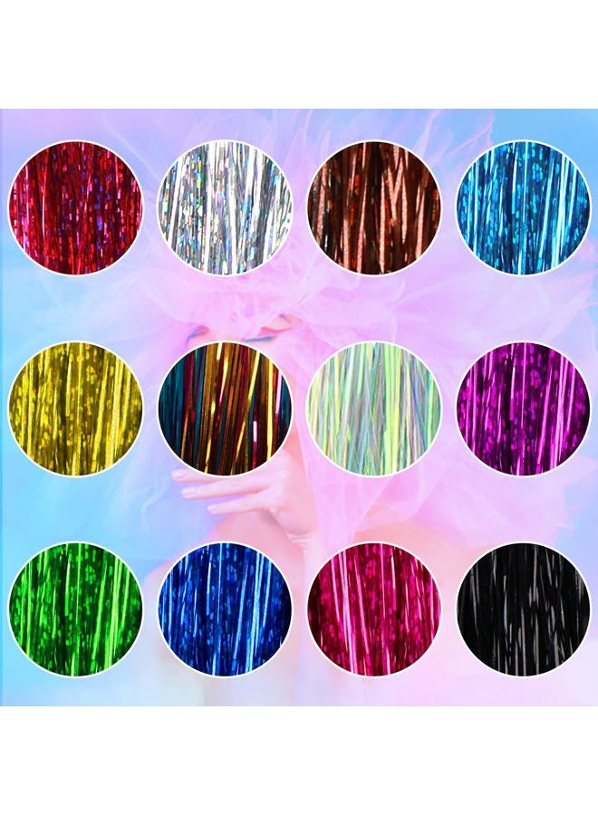 FEBSNOW 120cm Hair Tinsel with Tool 12 Colours 2400 Strands Hair Tinsel Kit Glitter Hair Extensions for Women Girls - Image 2