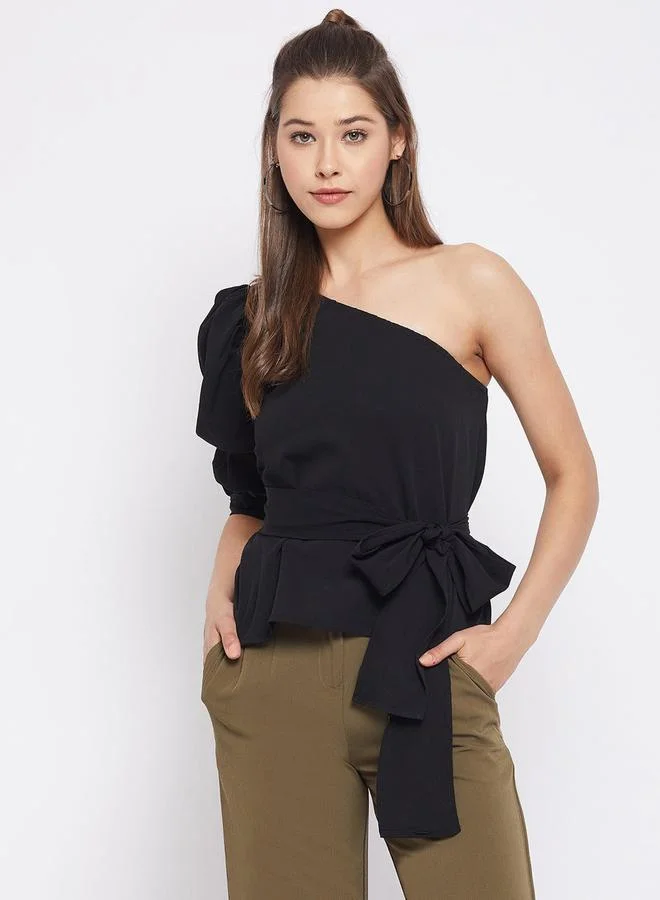 Winered Black One-Shoulder Peplum Top With Self-Tie Belt