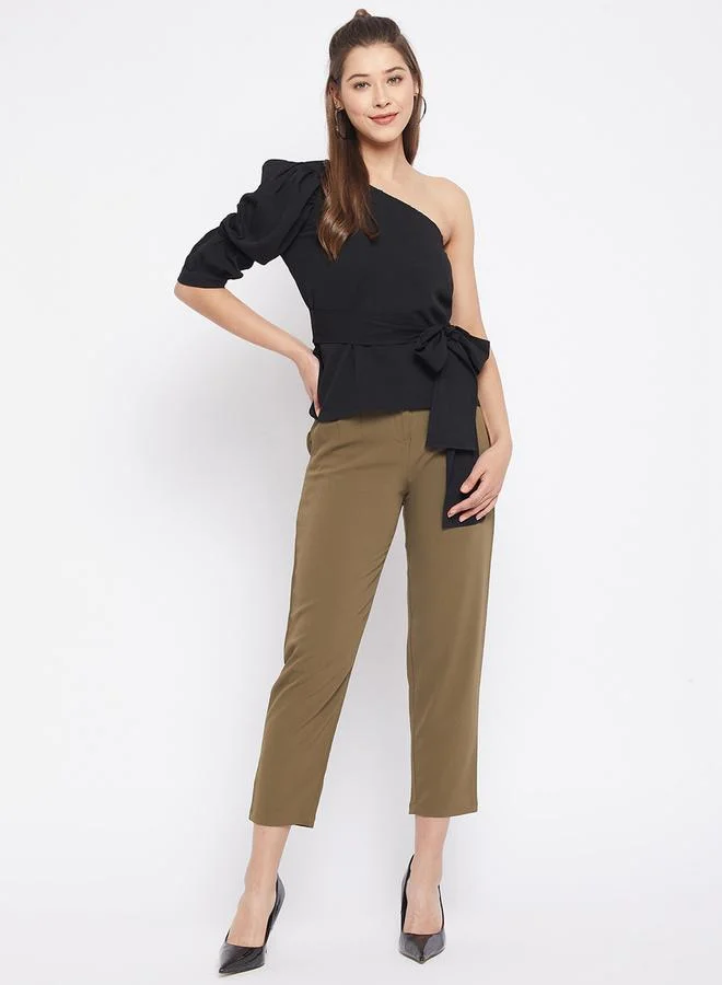 Winered Black One-Shoulder Peplum Top With Self-Tie Belt