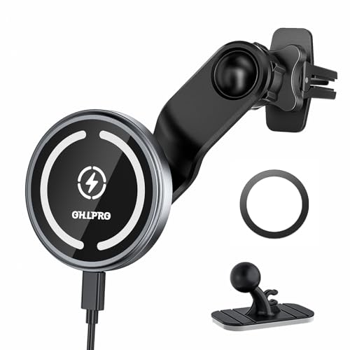OHLPRO Compatible with MagSafe Car Mount for iPhone 16, Magnetic Wireless Car Charger with Extended Arm, Never Block Vents for iPhone 15/14/13/12 Serie, 15W Fast Charging Mag Safe Phone Holder, Grey - Image 1
