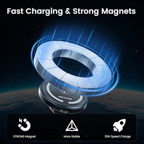 OHLPRO Compatible with MagSafe Car Mount for iPhone 16, Magnetic Wireless Car Charger with Extended Arm, Never Block Vents for iPhone 15/14/13/12 Serie, 15W Fast Charging Mag Safe Phone Holder, Grey - Image 3