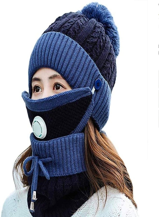 Finix Pom Pom Hat Neck Warmer Mouth Mask, Thick Warm Winter Lined Beanie Cap Scarf Face Cover 3-Piece Set for Women's & Girl's (Navy Blue) - Image 1