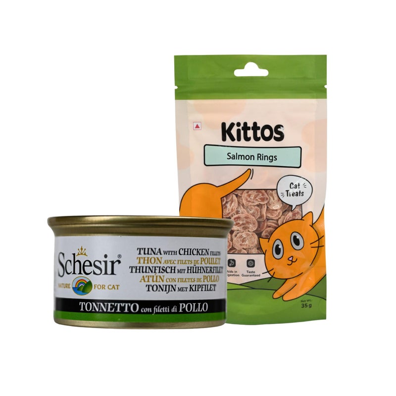 Schesir Tuna & Chicken Wet Cat Food 85g + Kittos Salmon Rings 35g High Protein Combo for Cats Real Meat Tasty Wet Food + Irresistible Treats for All Breeds - Image 1