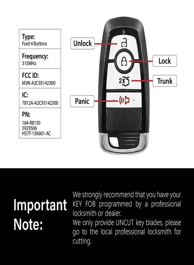 Keylessbest Replacement for Ford Edge Explorer Fusion Mustang Key Fob Remote Control 2017 2018 2019 2020 2021 2022 4 Buttons 315MHz M3N-A2C93142300,Black - Image 3