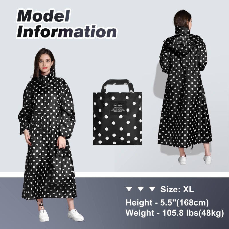 LAMA Womens Long Raincoats Rain Jacket Waterproof Packable Outdoor Hooded Windbreaker Lightweight Adjustable Waist for Outdoors(Black Point, XL) - Image 5