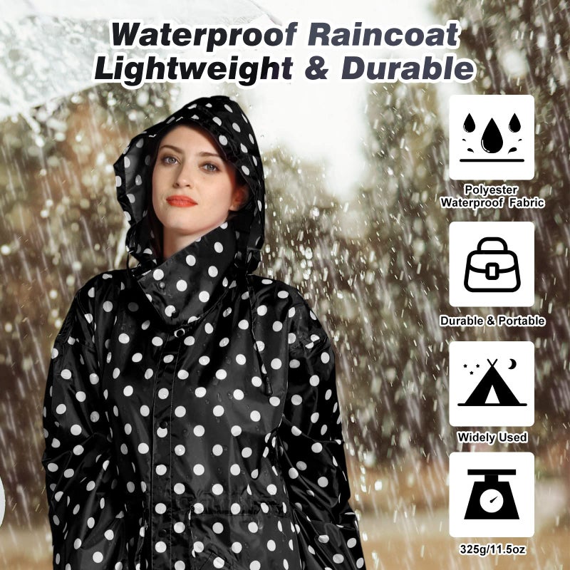 LAMA Womens Long Raincoats Rain Jacket Waterproof Packable Outdoor Hooded Windbreaker Lightweight Adjustable Waist for Outdoors(Black Point, XL) - Image 3