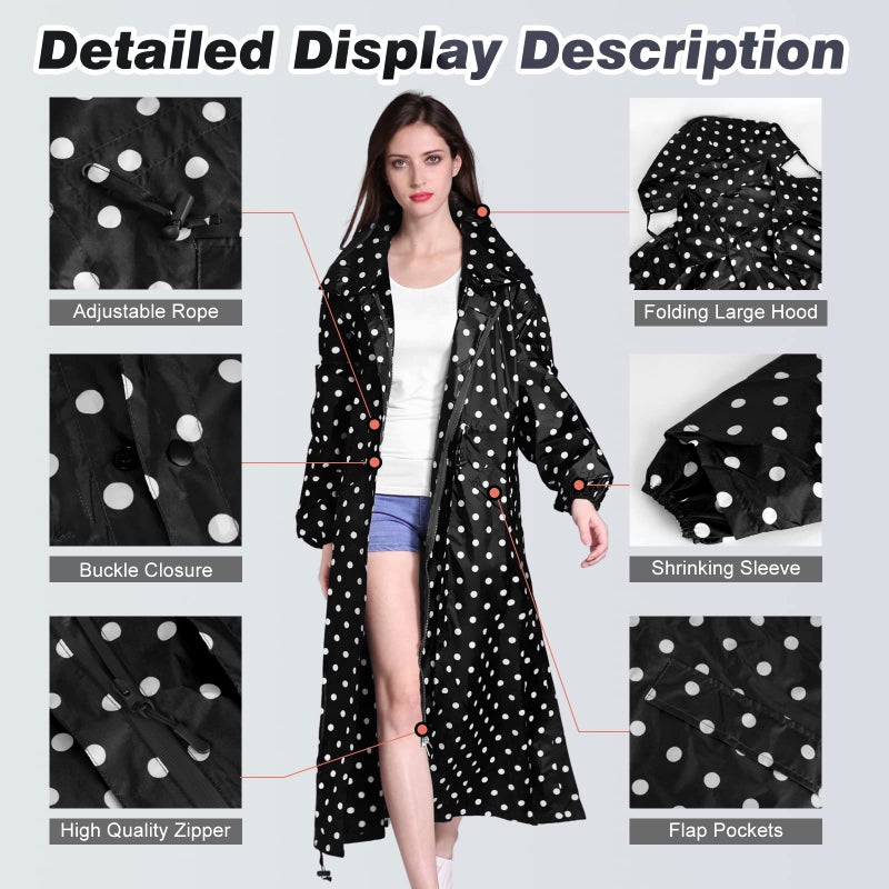 LAMA Womens Long Raincoats Rain Jacket Waterproof Packable Outdoor Hooded Windbreaker Lightweight Adjustable Waist for Outdoors(Black Point, XL) - Image 4