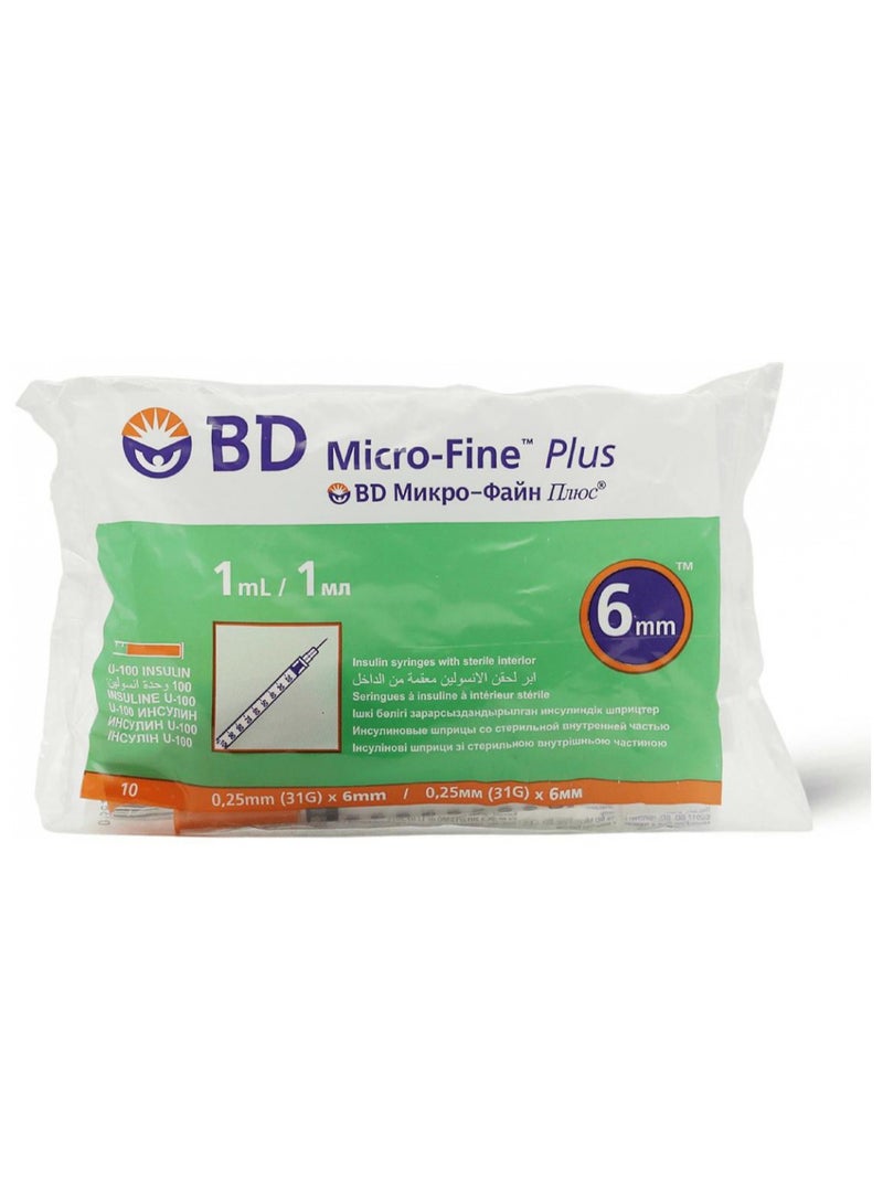محاقن الأنسولين BD Micro-Fine Plus، 31 جرام × 6 مم، إبرة فائقة الدقة - 10 عبوات (10 محاقن في العبوة) - علبة واحدة