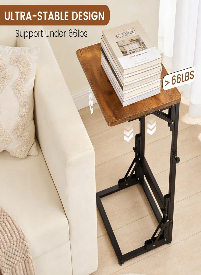 Outink Folding Side Table, Adjustable C-Shaped End Table for Couch, Metal Frame TV Tray Table for Sofa Living Bedroom Bedside Coffee Small Spaces (Brown, 15.8" L x 11.8" W) - Image 2