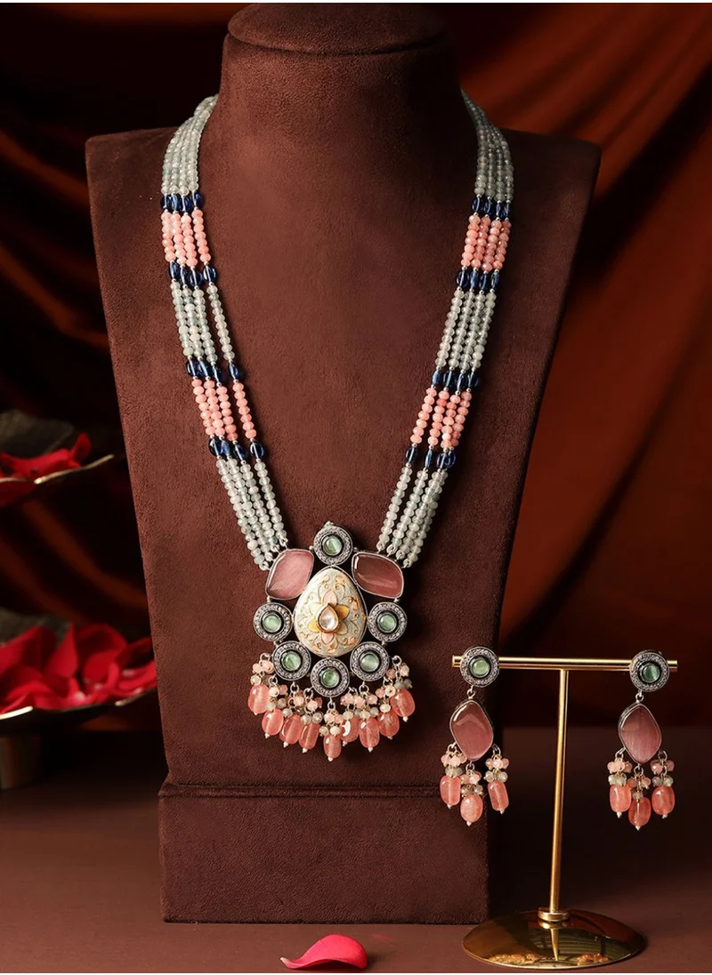 برياسي American Diamond Studded  Beaded Meenakari Jewellery Set