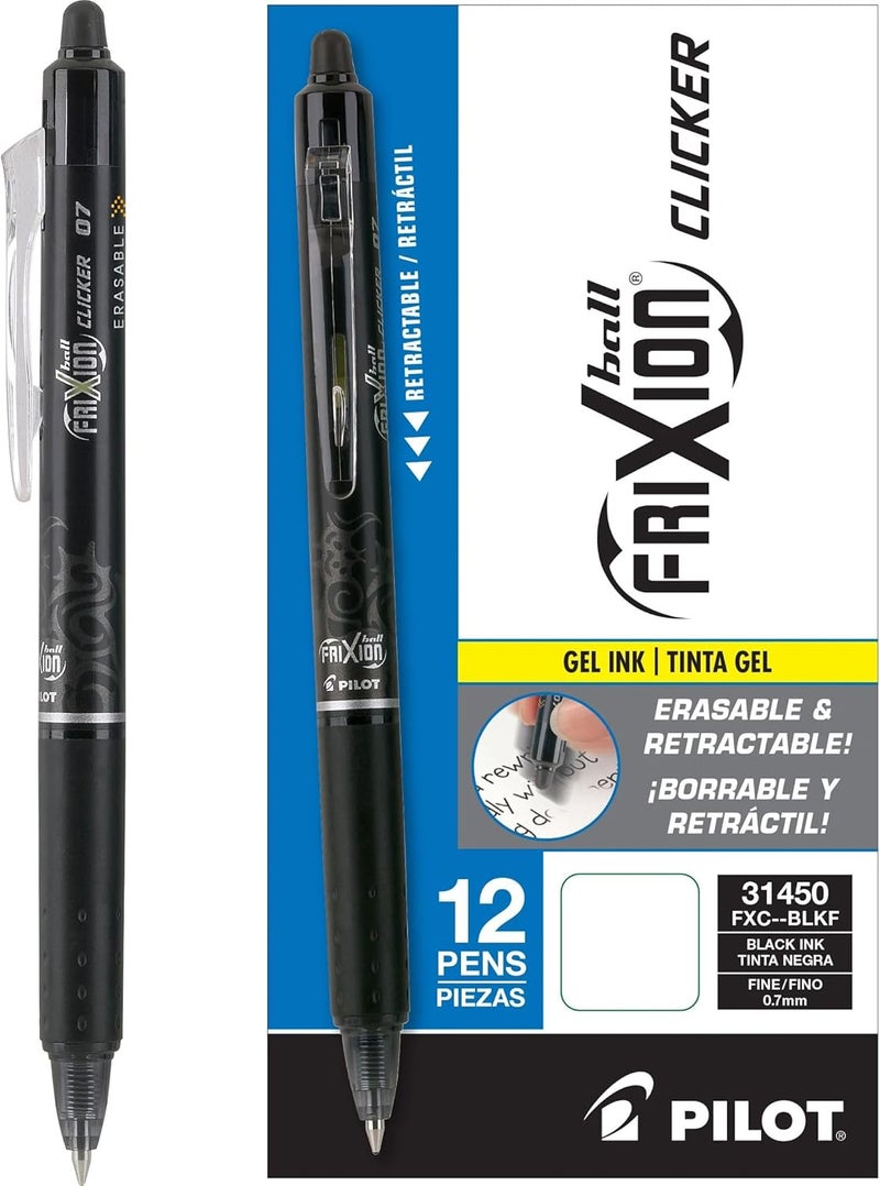 PILOT , FriXion Clicker Erasable Gel Pens, Fine Point 0.7 mm, Pack of 12, Black - Image 1