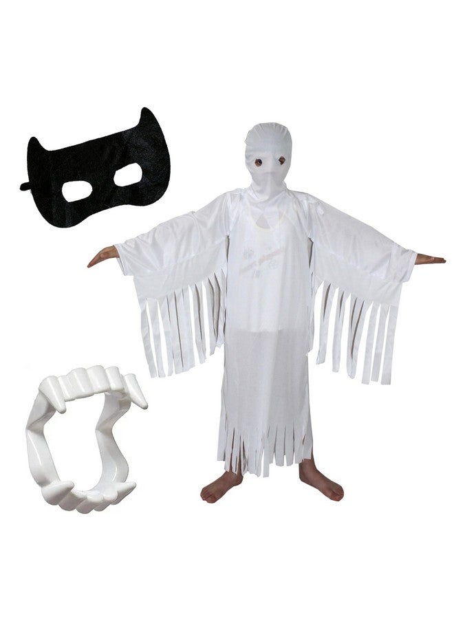 Kaku Fancy Dresses Polyester White Ghost Costume With Vampire Teeth, Face Mask Set For Kids Halloween Costume Party - Image 1