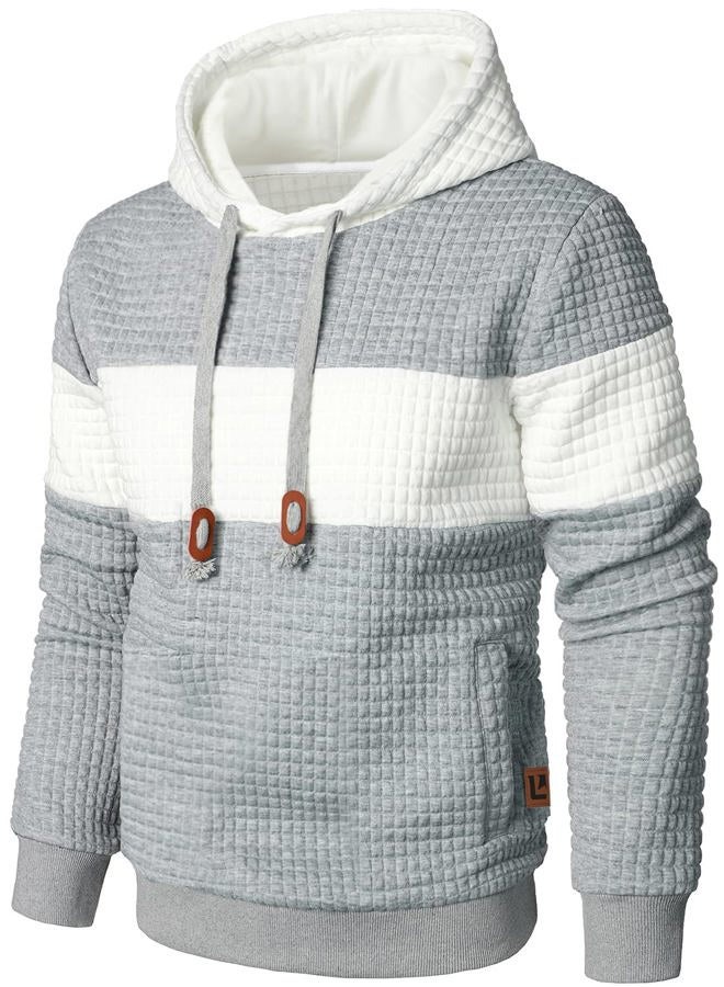 Qichic Men's Sweatshirts Long Sleeve Pullover Patchwork Plaid Jacquard Hoodie Casual Drawstring Hoody Top, Lightgrey White, 3XL - Image 1