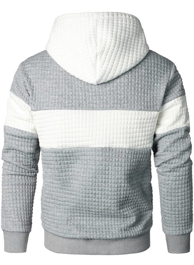 Qichic Men's Sweatshirts Long Sleeve Pullover Patchwork Plaid Jacquard Hoodie Casual Drawstring Hoody Top, Lightgrey White, 3XL - Image 4