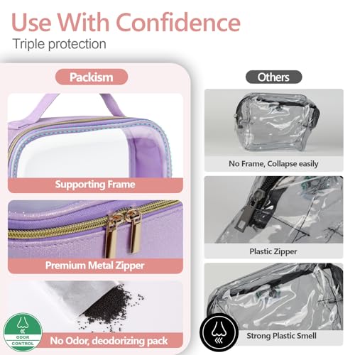 PACKISM TSA Approved Toiletry Bag - Glitter Textured Clear Travel Bag, Personalized and Fashion, with 180° Large Opening and Supporting Frame, Perfect for Travel Essentials, Thick No Smell, Purple - Image 5