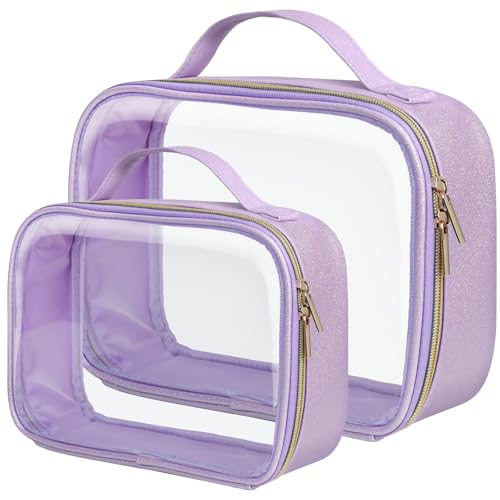 PACKISM TSA Approved Toiletry Bag - Glitter Textured Clear Travel Bag, Personalized and Fashion, with 180° Large Opening and Supporting Frame, Perfect for Travel Essentials, Thick No Smell, Purple - Image 1