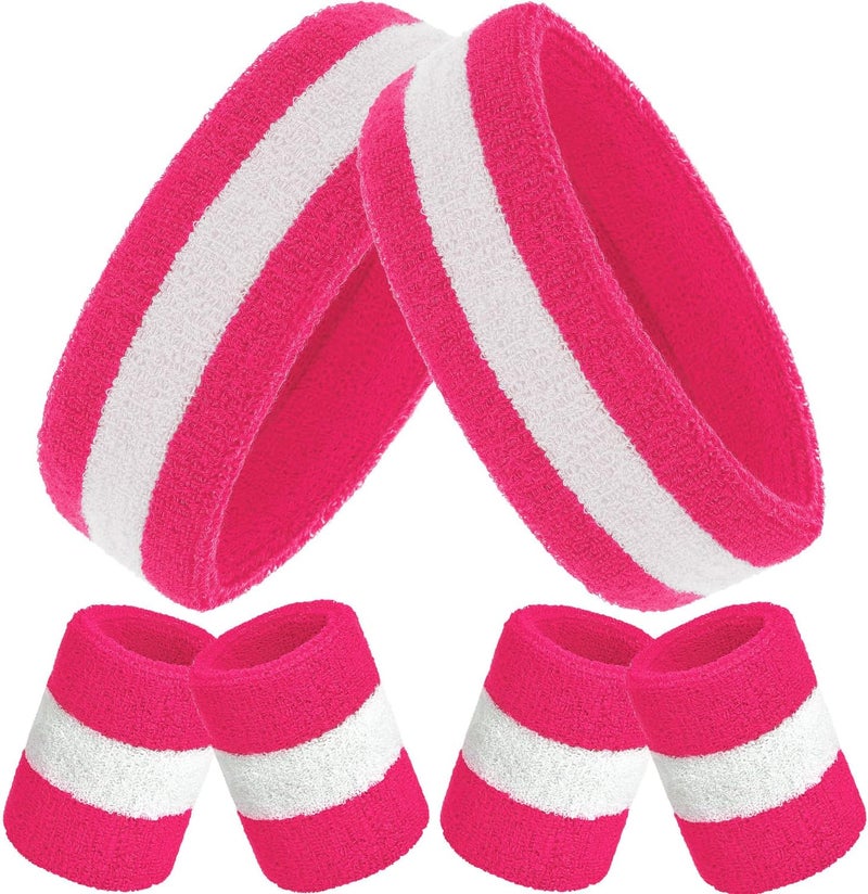 Bememo 6 Pcs Neon Sweatbands Set for Men Women 80s Tennis Striped Headband Sports Wristband Set Costumes Glow Cosplay Party - Image 1