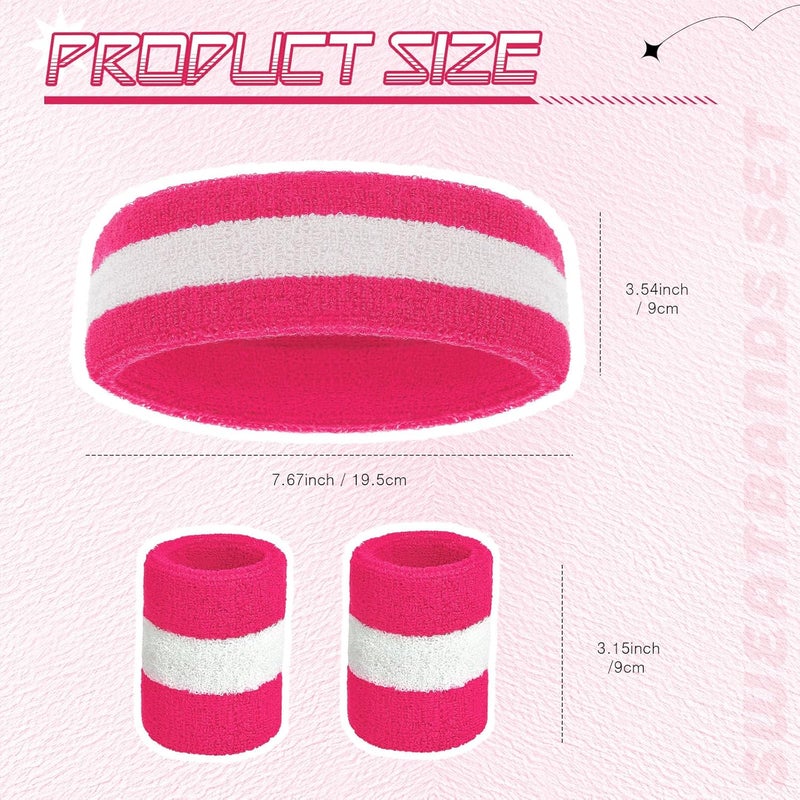 Bememo 6 Pcs Neon Sweatbands Set for Men Women 80s Tennis Striped Headband Sports Wristband Set Costumes Glow Cosplay Party - Image 3