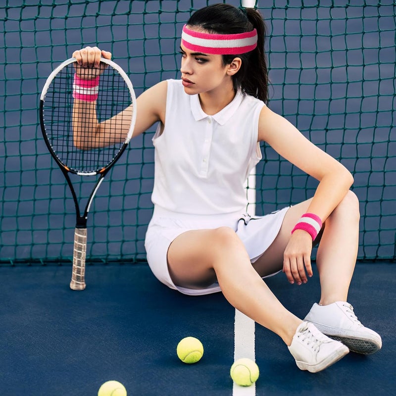 Bememo 6 Pcs Neon Sweatbands Set for Men Women 80s Tennis Striped Headband Sports Wristband Set Costumes Glow Cosplay Party - Image 2