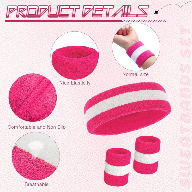 Bememo 6 Pcs Neon Sweatbands Set for Men Women 80s Tennis Striped Headband Sports Wristband Set Costumes Glow Cosplay Party - Image 5