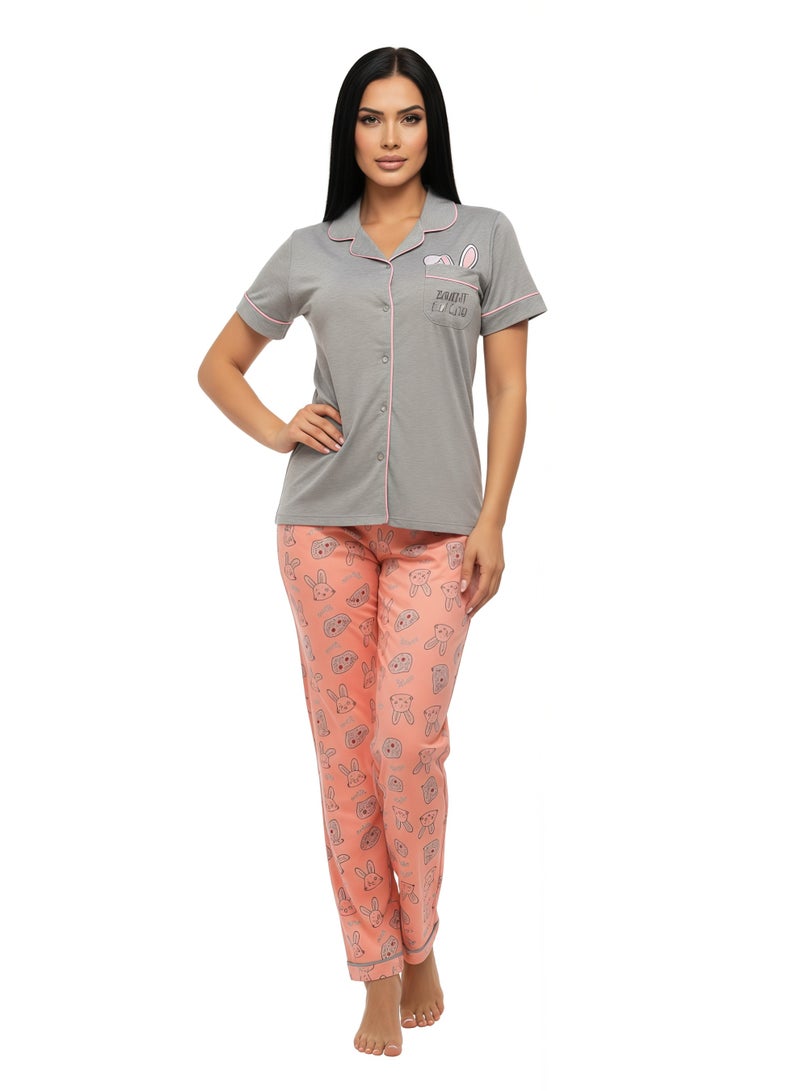 جوانا طقم بيجاما نسائي بطبعة أرنب نائم، قميص بأزرار وبنطال طويل، رمادي، مقاس M - Image 4