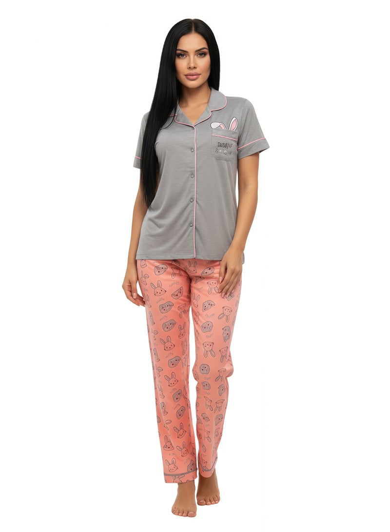 جوانا طقم بيجاما نسائي بطبعة أرنب نائم، قميص بأزرار وبنطال طويل، رمادي، مقاس M - Image 1