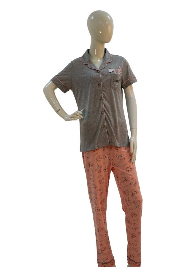 JOANNA JOANNA Women's Sleeping Bunny Print Button Down Shirt & Long Pants Pajama Set, Grey - Image 1