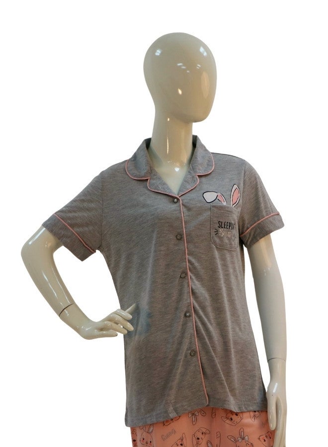 JOANNA JOANNA Women's Sleeping Bunny Print Button Down Shirt & Long Pants Pajama Set, Grey - Image 2