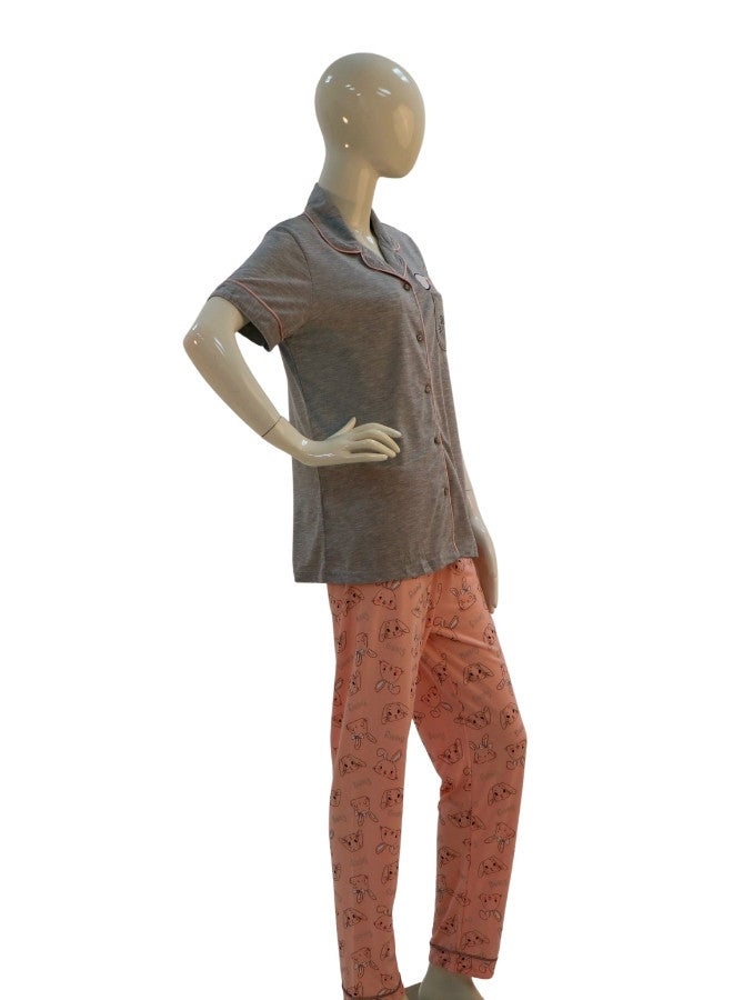 JOANNA JOANNA Women's Sleeping Bunny Print Button Down Shirt & Long Pants Pajama Set, Grey - Image 4