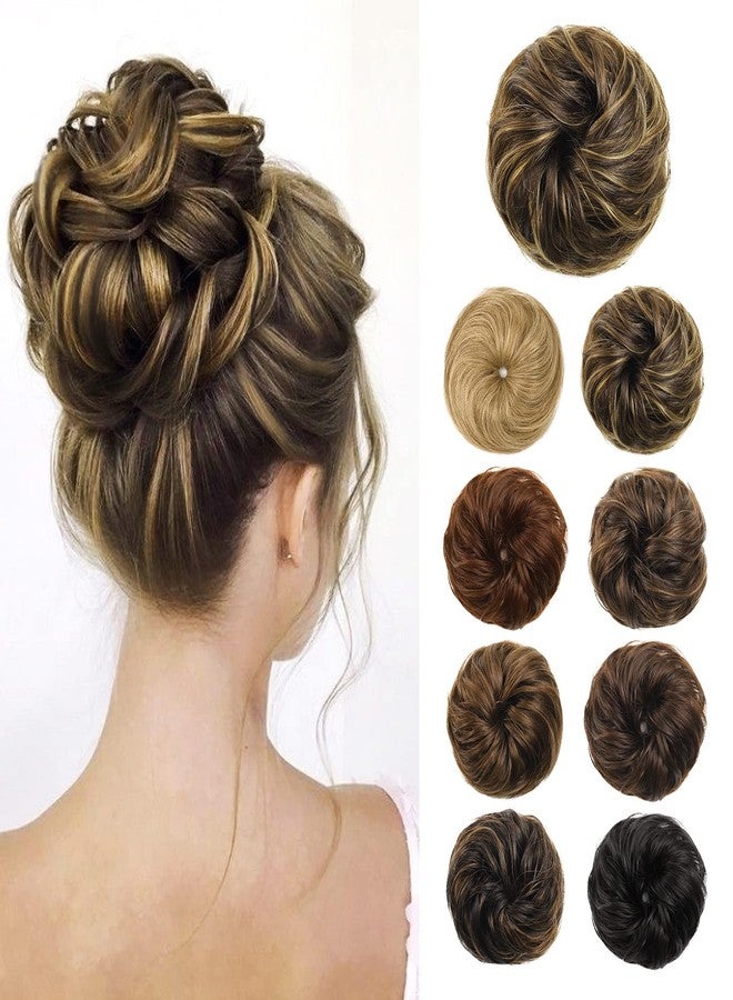 Flufymooz Messy Bun Hair Piece, 100% Real Human Hair Tousled Updo Extension Natural Curly Messy Bun with Elastic Band Hair Bun Hair Piece Ponytail Extensions for Women（Medium Brown with Highlights） - Image 1