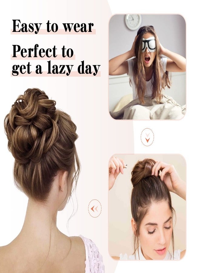 Flufymooz Messy Bun Hair Piece, 100% Real Human Hair Tousled Updo Extension Natural Curly Messy Bun with Elastic Band Hair Bun Hair Piece Ponytail Extensions for Women（Medium Brown with Highlights） - Image 4