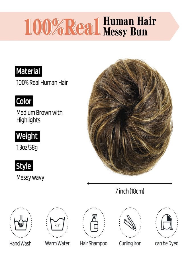 Flufymooz Messy Bun Hair Piece, 100% Real Human Hair Tousled Updo Extension Natural Curly Messy Bun with Elastic Band Hair Bun Hair Piece Ponytail Extensions for Women（Medium Brown with Highlights） - Image 2