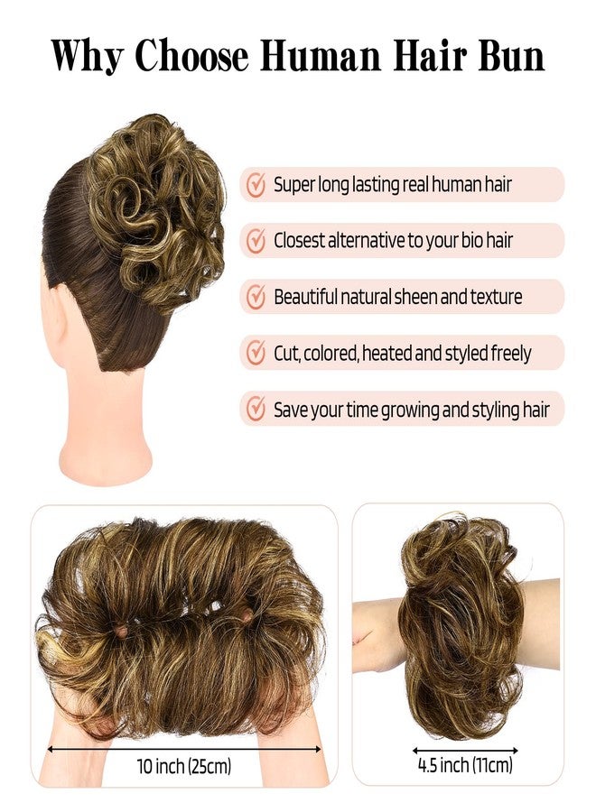 Flufymooz Messy Bun Hair Piece, 100% Real Human Hair Tousled Updo Extension Natural Curly Messy Bun with Elastic Band Hair Bun Hair Piece Ponytail Extensions for Women（Medium Brown with Highlights） - Image 3