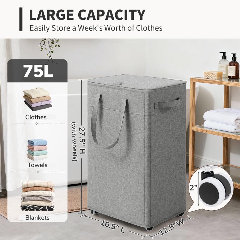 Goodpick Laundry Basket with Wheels and Lid, 75L Rolling Laundry Hamper with Removable Wash Bag and Handles, Collapsible Large Tall Dirty Clothes Hamper for Bathroom Dorm, Light Grey - Image 3