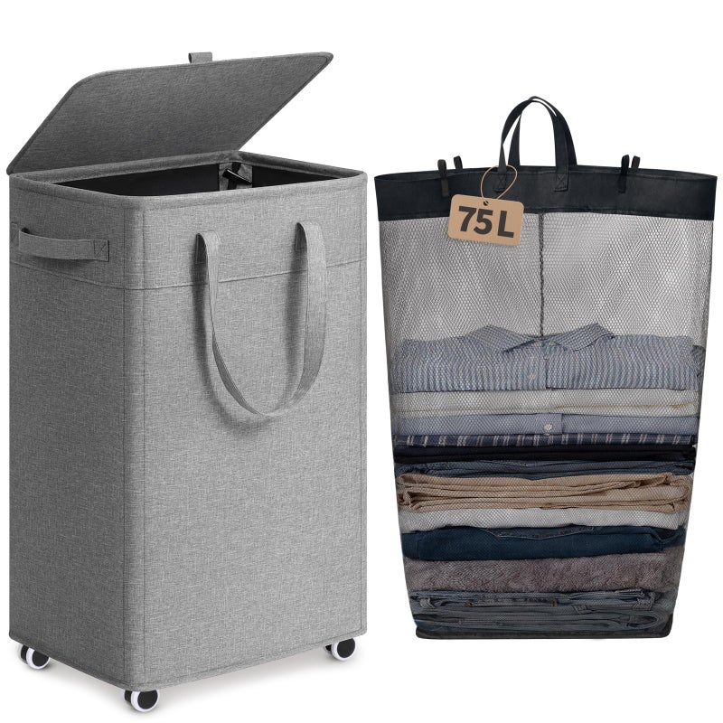 Goodpick Laundry Basket with Wheels and Lid, 75L Rolling Laundry Hamper with Removable Wash Bag and Handles, Collapsible Large Tall Dirty Clothes Hamper for Bathroom Dorm, Light Grey - Image 1