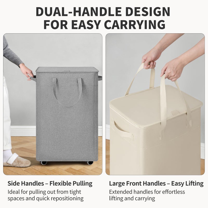 Goodpick Laundry Basket with Wheels and Lid, 75L Rolling Laundry Hamper with Removable Wash Bag and Handles, Collapsible Large Tall Dirty Clothes Hamper for Bathroom Dorm, Light Grey - Image 5