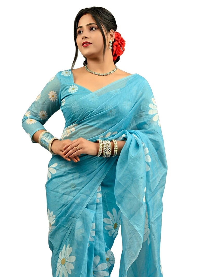 Satrani Women's Chanderi Cotton Printed Ready To Wear Saree with Unstitched Blouse Piece (32RS293NA_Sky Blue) - Image 1