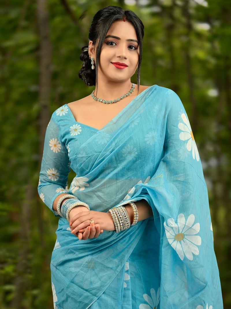 Satrani Women's Chanderi Cotton Printed Ready To Wear Saree with Unstitched Blouse Piece (32RS293NA_Sky Blue) - Image 4