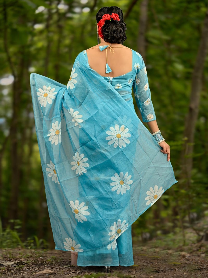 Satrani Women's Chanderi Cotton Printed Ready To Wear Saree with Unstitched Blouse Piece (32RS293NA_Sky Blue) - Image 3