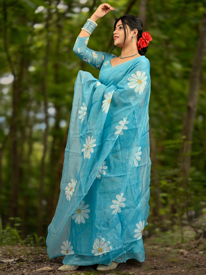 Satrani Women's Chanderi Cotton Printed Ready To Wear Saree with Unstitched Blouse Piece (32RS293NA_Sky Blue) - Image 2