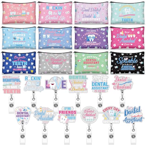 Cosblank 24 Pcs Dental Assistant Appreciation Gifts Bulk 12 Makeup Bag 12 Retractable Badge Reels Toothbrush Tooth Medical Gift for Dentist Hygienist Student Assistant - Image 1