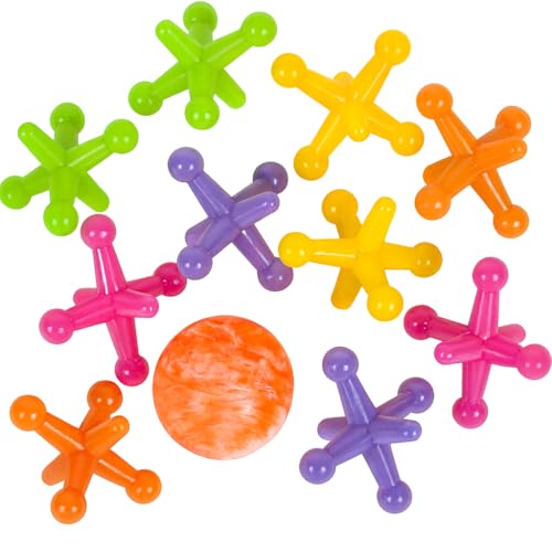 ArtCreativity Large Neon Jacks Game 3 Sets Each Set with 10 Plastic Jacks and 1 Marbleized Rubber Ball Vintage Toys Fun Activity for Kids Birthday Party Favors for Boys and Girls - Image 1
