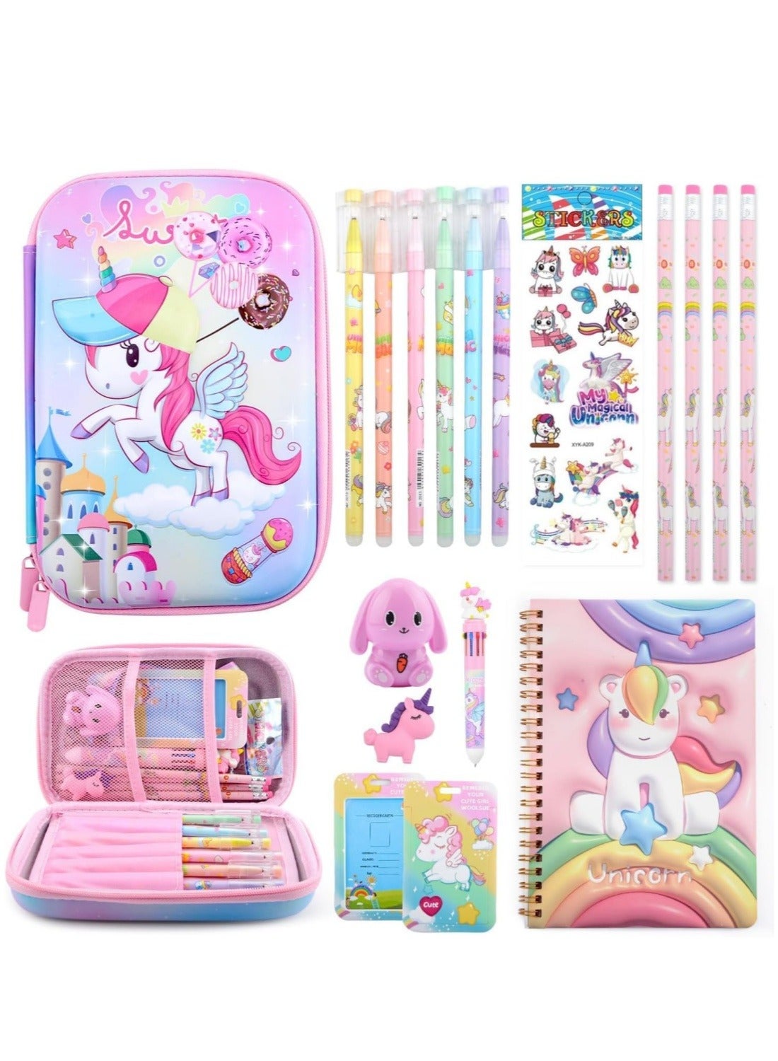 Unicorn Pencil Case,Cute Stationary Set for Girls,3D EVA School Large Capacity Pencil Pen Pouch for Kids,Stationery Set School Supplies,Back to School Gifts for Kids,Pink