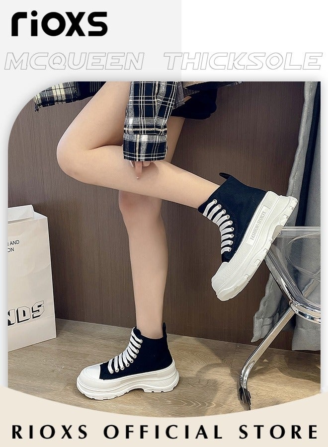 RIOXS Women's Casual Canvas High Top Shoes, Classic Lace-up Shoes, Fashionable Flat Sneakers, Versatile Chunky Canvas Shoes, Suitable for Various Occasions and Any Outdoor Activities, Ladies Athlesiure Shoes  - Image 4
