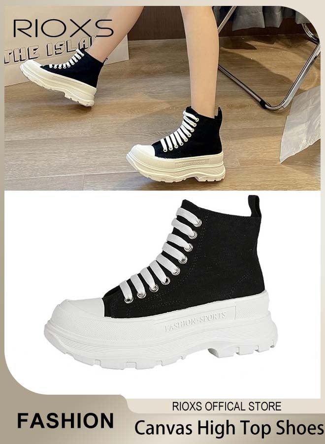 RIOXS Women's Casual Canvas High Top Shoes, Classic Lace-up Shoes, Fashionable Flat Sneakers, Versatile Chunky Canvas Shoes, Suitable for Various Occasions and Any Outdoor Activities, Ladies Athlesiure Shoes  - Image 1