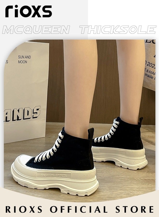 RIOXS Women's Casual Canvas High Top Shoes, Classic Lace-up Shoes, Fashionable Flat Sneakers, Versatile Chunky Canvas Shoes, Suitable for Various Occasions and Any Outdoor Activities, Ladies Athlesiure Shoes  - Image 2