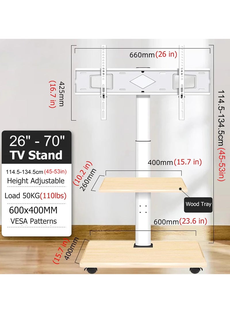 NOAEOU Movable TV Stand, TV Cart with Wheels, Suitable 26-70 Inch Screen TV Floor Stand, Swivel & Height Adjustable,for Family Living Room Bedroom Meeting (White)  - Image 2