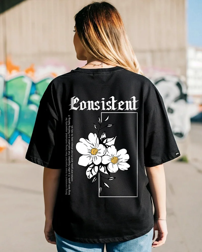 bewakoof Women's Black Consistent Graphic Printed Oversized T-shirt