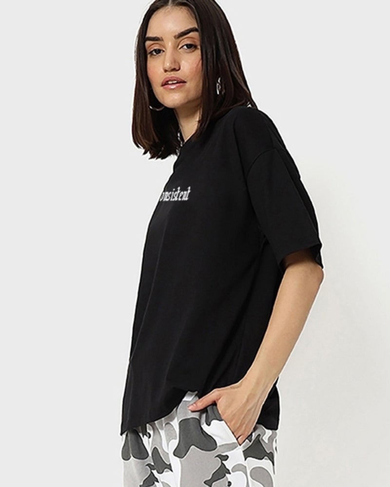 bewakoof Women's Black Consistent Graphic Printed Oversized T-shirt - Image 4