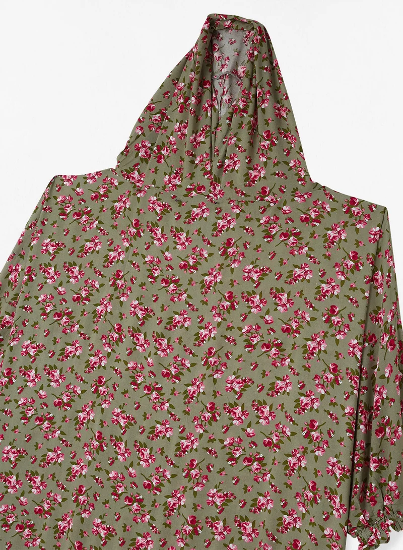 Hayat Praying Dress With Floral Prints And With Attached Veil